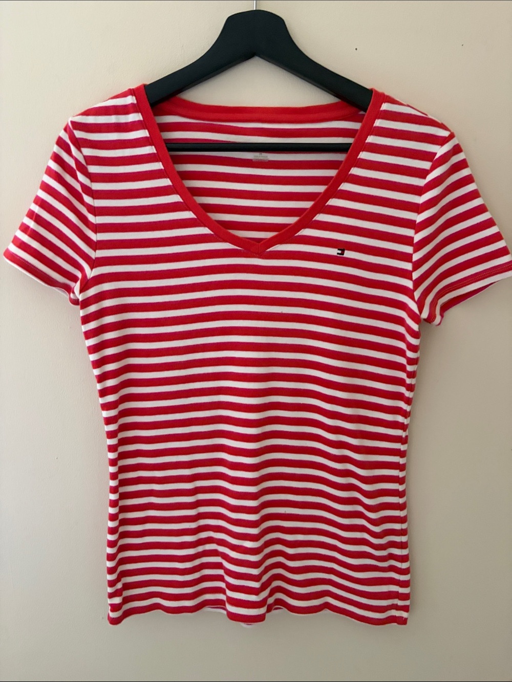 Tommy Hilfiger Red & White Striped V-Neck Short Sleeve Tee
